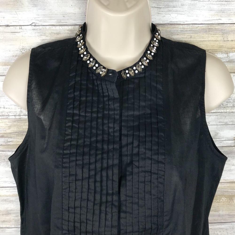 J. Crew Factory Black Sleeveless Beaded Collar Pintuck Top